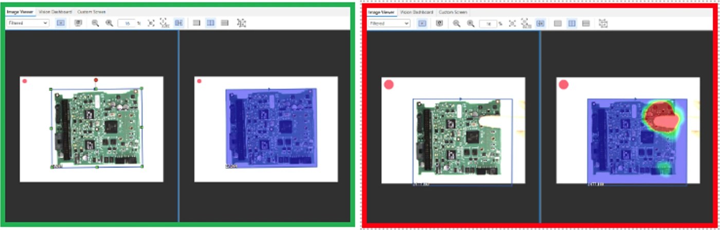 Side by side inspection results: a passing board outlined in green, and a failing board outlined in red with a heat map marking the region that differs from the reference